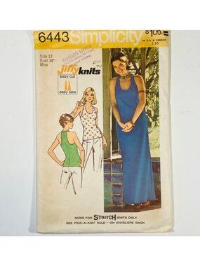 1970s Simplicity 6443 Size 12 Racer Back Knit Top Dress Jiffy Sewing Pattern FF